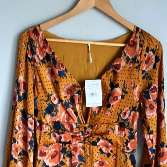 NEW Free People Morning Light Golden Yellow Print Long Sleeve Mini Dress - Picture 5 of 13